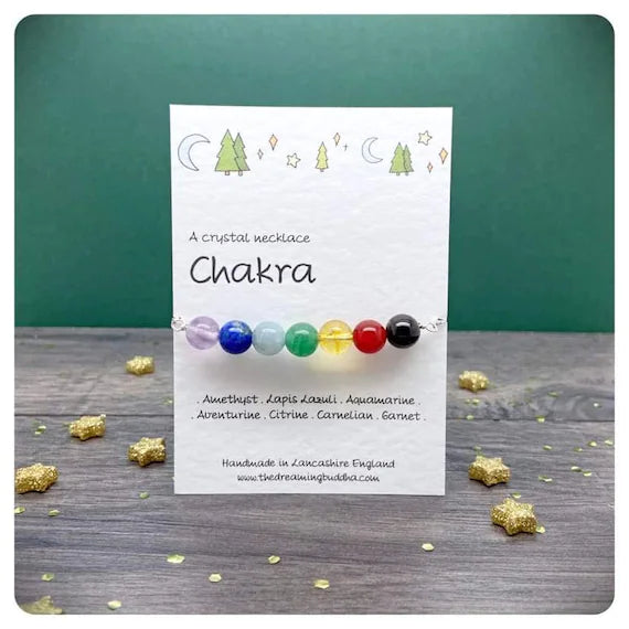 7 Chakra Crystal Bead Necklace, Personalised Silver Chain, Healing Rainbow Crystal Choket, Personalised Birthday Yoga Gift, Wellbeing Gift