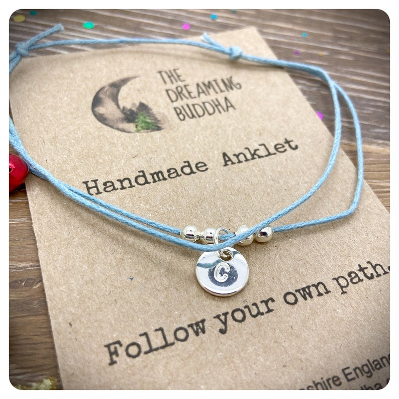 Handmade Initial Anklet, Personalised Letter Ankle Bracelet, Adjustable Cord Anklet