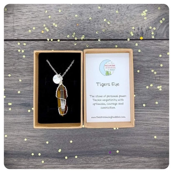 Tigers Eye Crystal Point Pendant, Encouragement Gift For Her, Wire Wrapped Gemstone Necklace, Personalised Genuine Crystal Jewellery