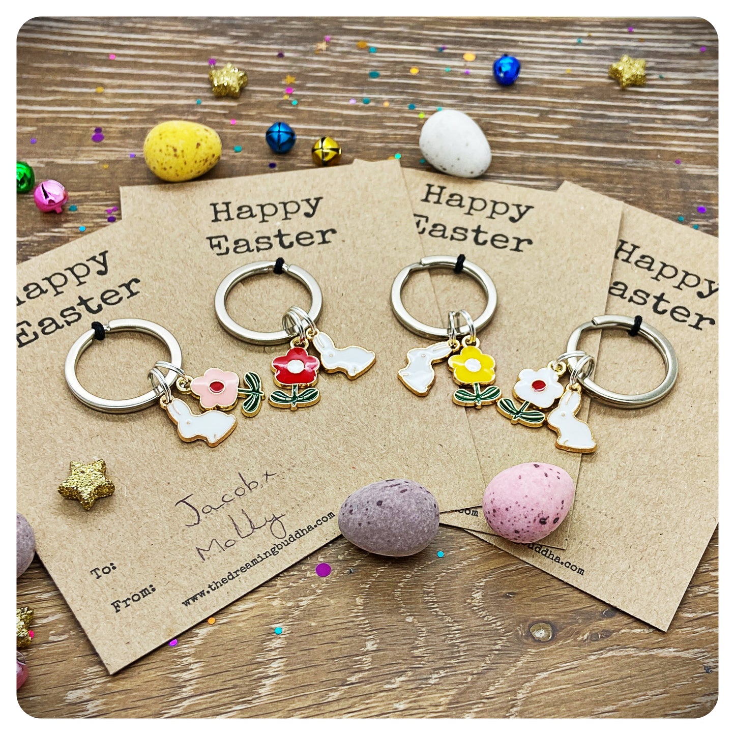 Happy Easter Keyring Card, Childrens Easter Bag Charm, Cute Flower Bunny Keychain, Easter Egg Hunt Gift, Easter Friends and Family Gift