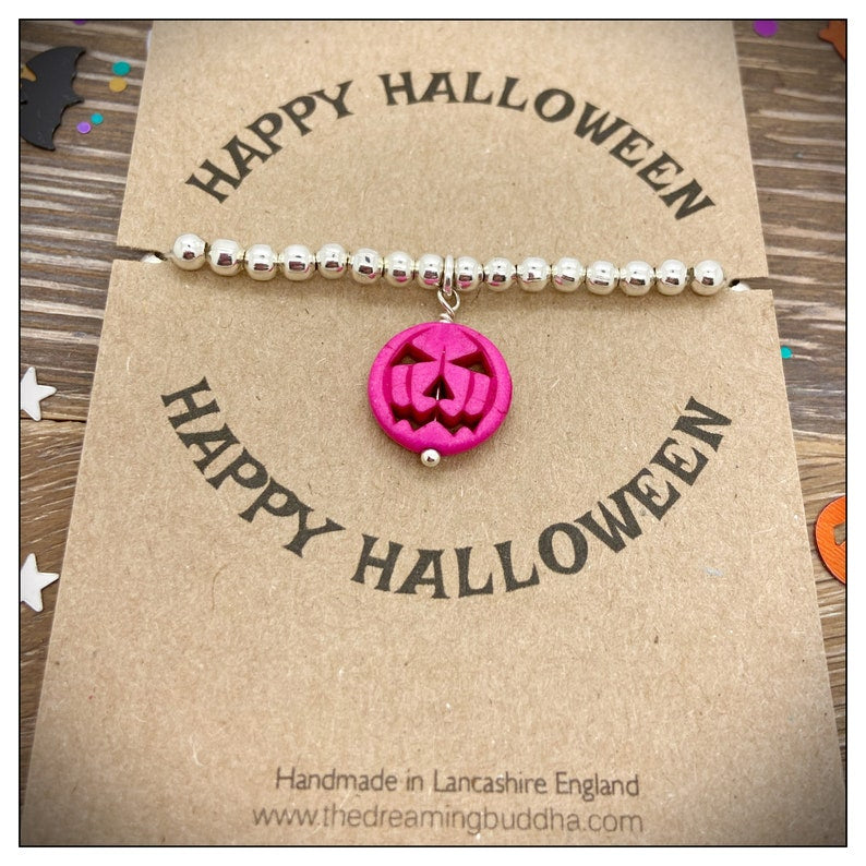 Halloween Silver Beaded Bracelet, Howlite Pumpkin Stretch Bracelet, Unique Handmade Stacker Bracelet