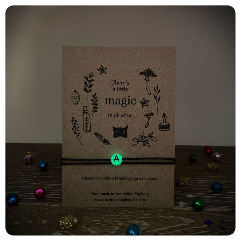 Glow In The Dark Initial Bracelet, Magical Personalised Gift, Adjustable Cord Letter Bracelet, Minimalist Jewellery