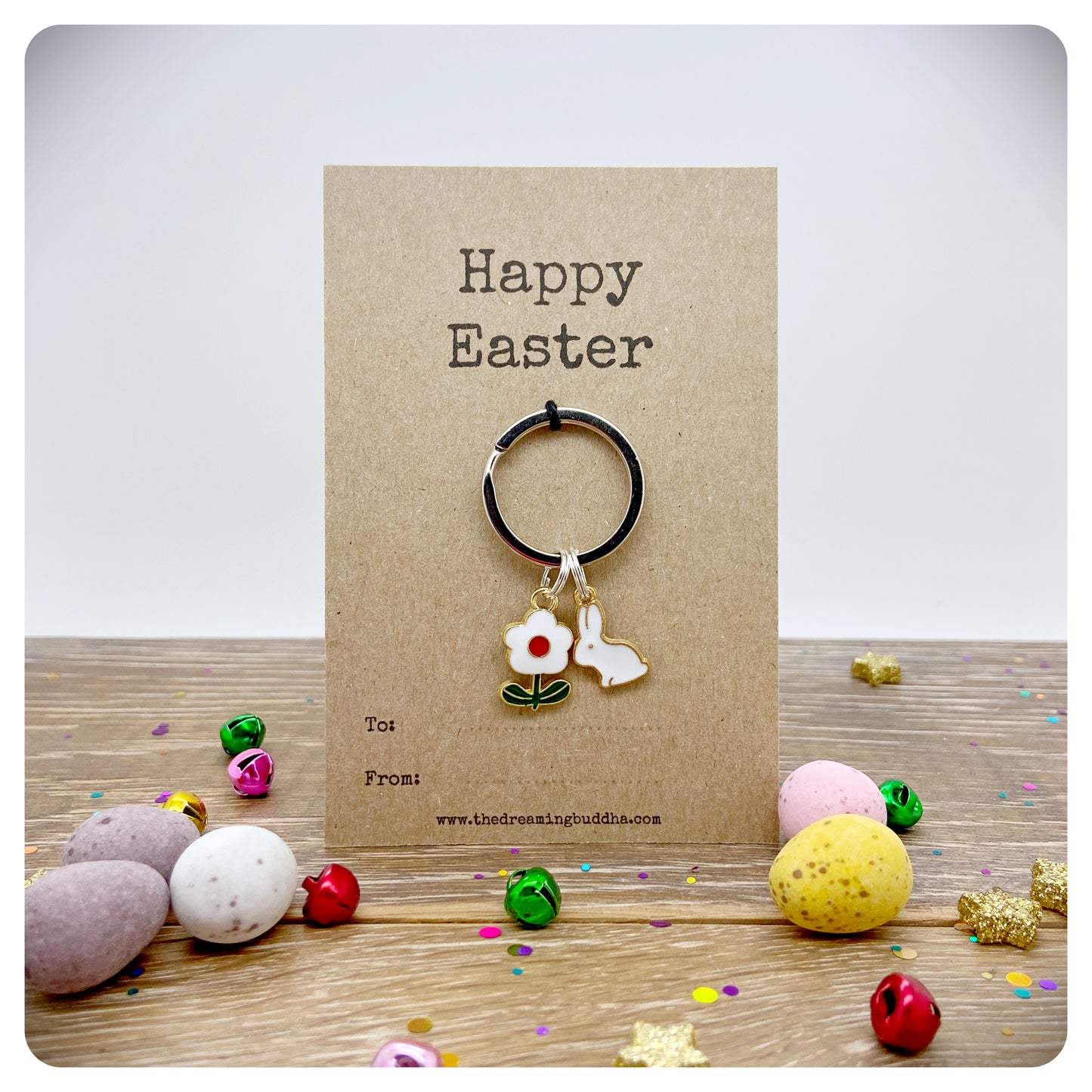 Happy Easter Keyring Card, Childrens Easter Bag Charm, Cute Flower Bunny Keychain, Easter Egg Hunt Gift, Easter Friends and Family Gift