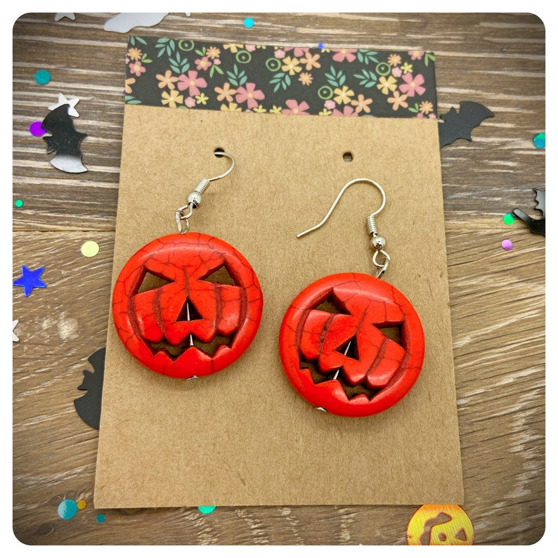 Pumpkin Earrings, Orange Imitation Howlite Dangle Drop, Goth Jewellery Gift, Halloween