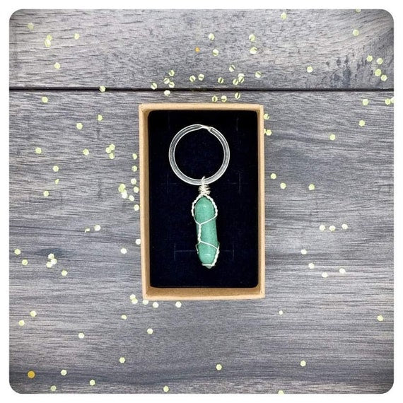 Wire Wrapped Aventurine Crystal Point Keyring, Good Luck Keyring, Driving Test Gift, New Home Present, Green Aventurine For Good Fortune