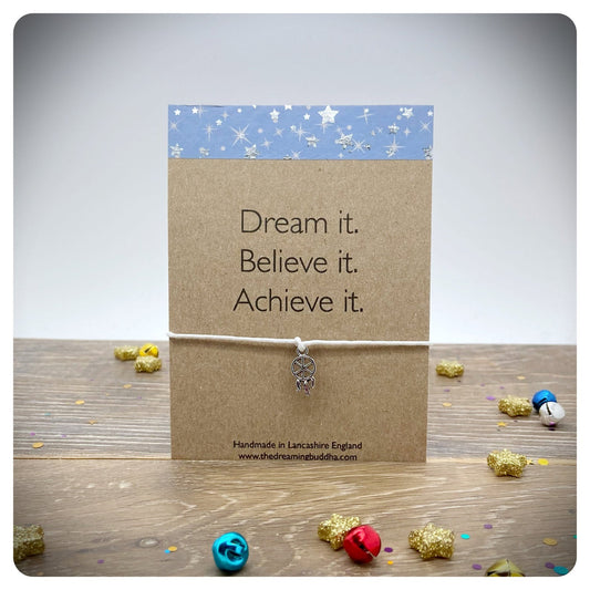 Wish Bracelet Dream It Believe It Achieve it Card, Personalised Dreamcatcher Charm, Motivational Inspirational Gift, Dreamcatcher Jewellery