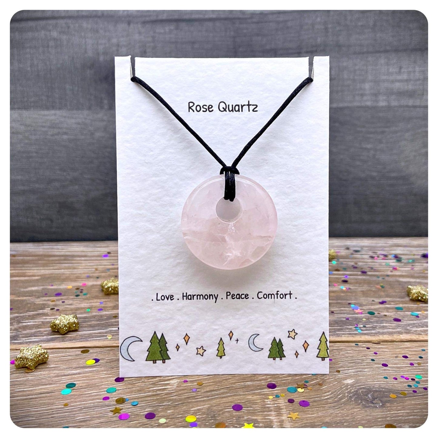 Rose Quartz Donut Necklace, Pink Healing Crystal Jewellery, January Birthstone Gift