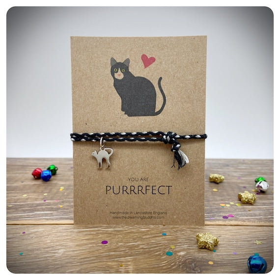 You Are “Purrrrfect” Braided Friendship Bracelet, Cat Charm Cotton Adjustable Bracelet