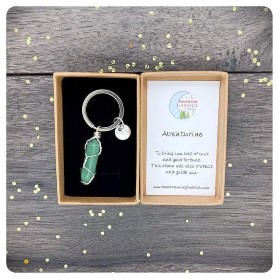 Wire Wrapped Aventurine Crystal Point Keyring, Good Luck Keyring, Driving Test Gift, New Home Present, Green Aventurine For Good Fortune