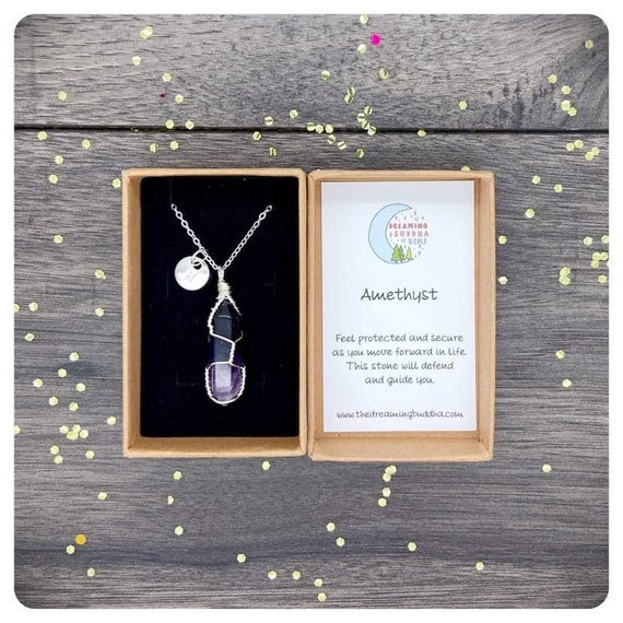 Amethyst Wire Wrapped Pendant Necklace, Personalised Crystal Gift, Mothers Day Gemstone Present, Birthday Letterbox Crystal Gift