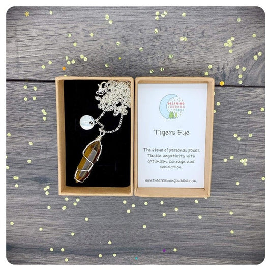 Wire Wrapped Tigers Eye Necklace, Long Silver Chain Pendant, Personalised Gift Box Jewellery, Natural Crystal Pillar Pendant, Solar Plexus