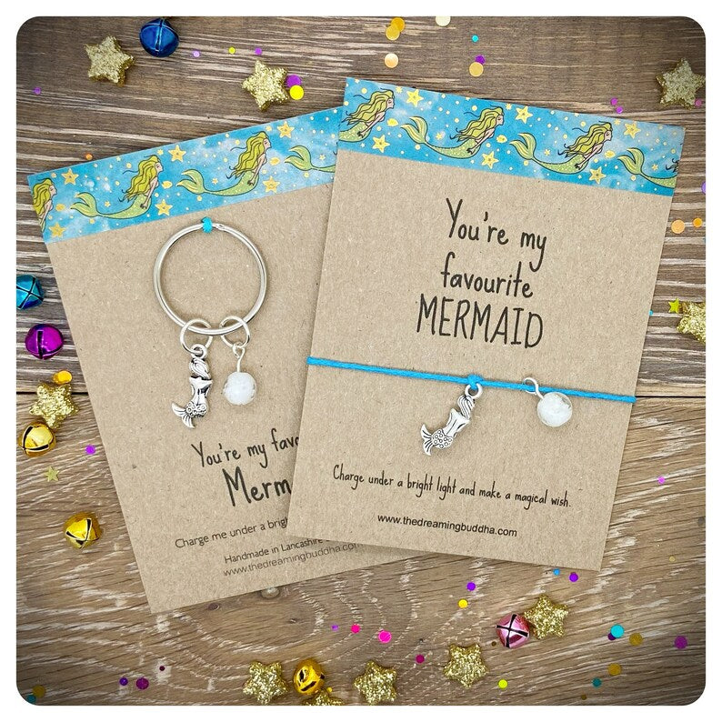 Mermaid Bracelet and Keyring Gift Set, Mermaid Wish string Matching Keychain, Mermaid Gift Set, Little Mermaid Gift, Glow In The Dark Bead