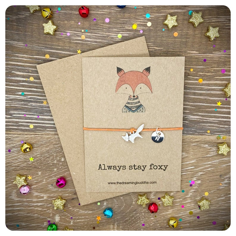 Always Stay Foxy Card, Woodland Wildlife Fox Charm Personalised Wish Bracelet, Fox Lover Jewellery, Foxy Wish Gift For Friend