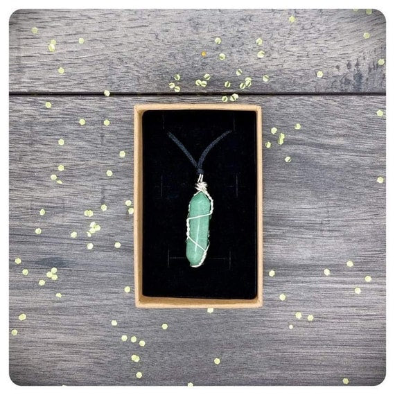 Long Adjustable Aventurine Necklace, Wire Wrapped Crystal Pendant, August Birthstone Jewellery, Personalised Green Gemstone, Letterbox Gift