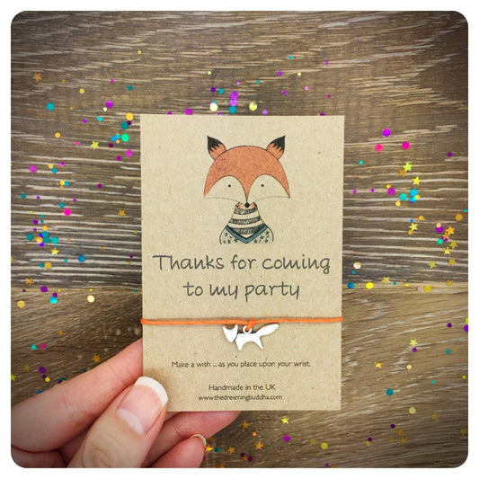 Personalised Party Favours, Fox Wish Bracelet, Thanks for Coming To My Party Card, Woodland Party Favour Gift