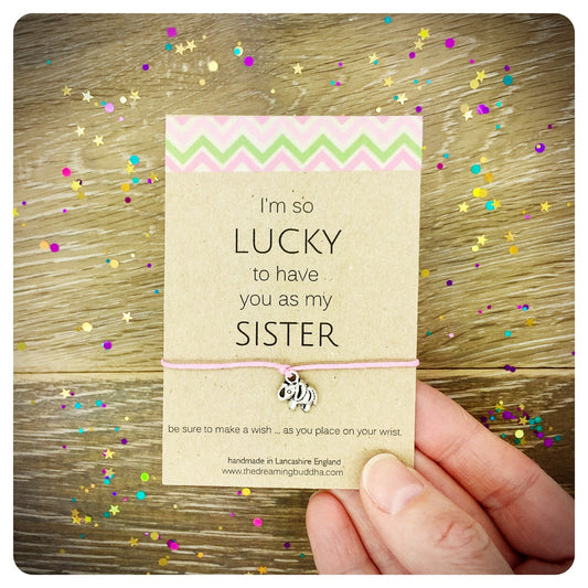 I’m So Lucky You’re My Sister Card, Elephant Charm Wish Bracelet, Sister Appreciation Gift, Sister Birthday Present