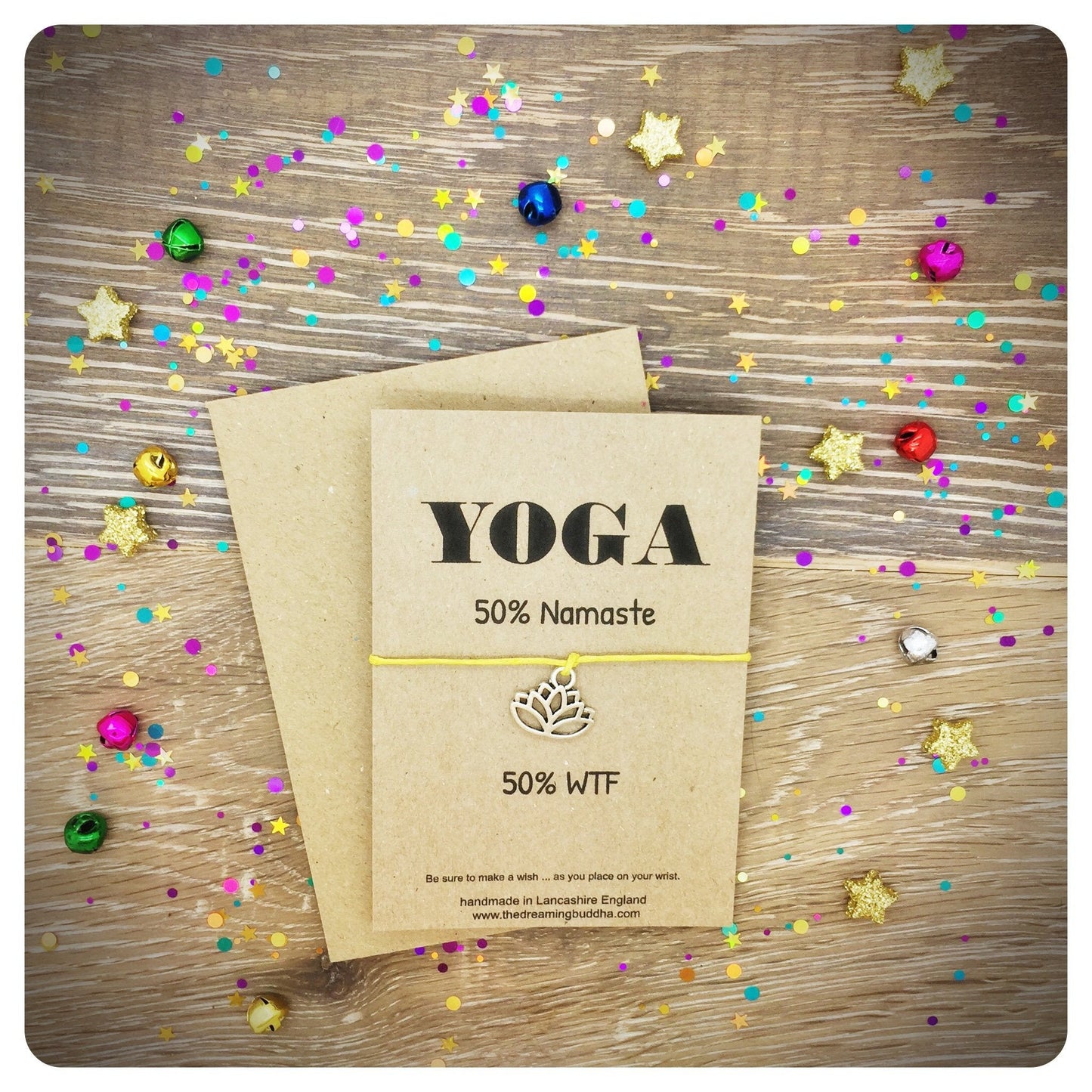 Funny Yoga Wish Bracelet, Yoga Teacher Gift, Boho Lotus Jewellery, Yoga WTF Card, Namaste Quote, Yoga Accessories, Yoga String Bracelet