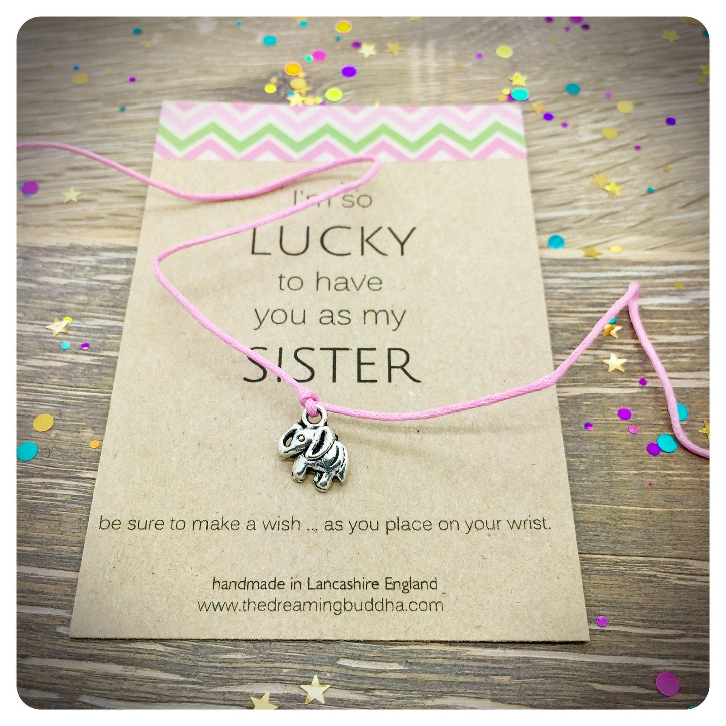 I’m So Lucky You’re My Sister Card, Elephant Charm Wish Bracelet, Sister Appreciation Gift, Sister Birthday Present