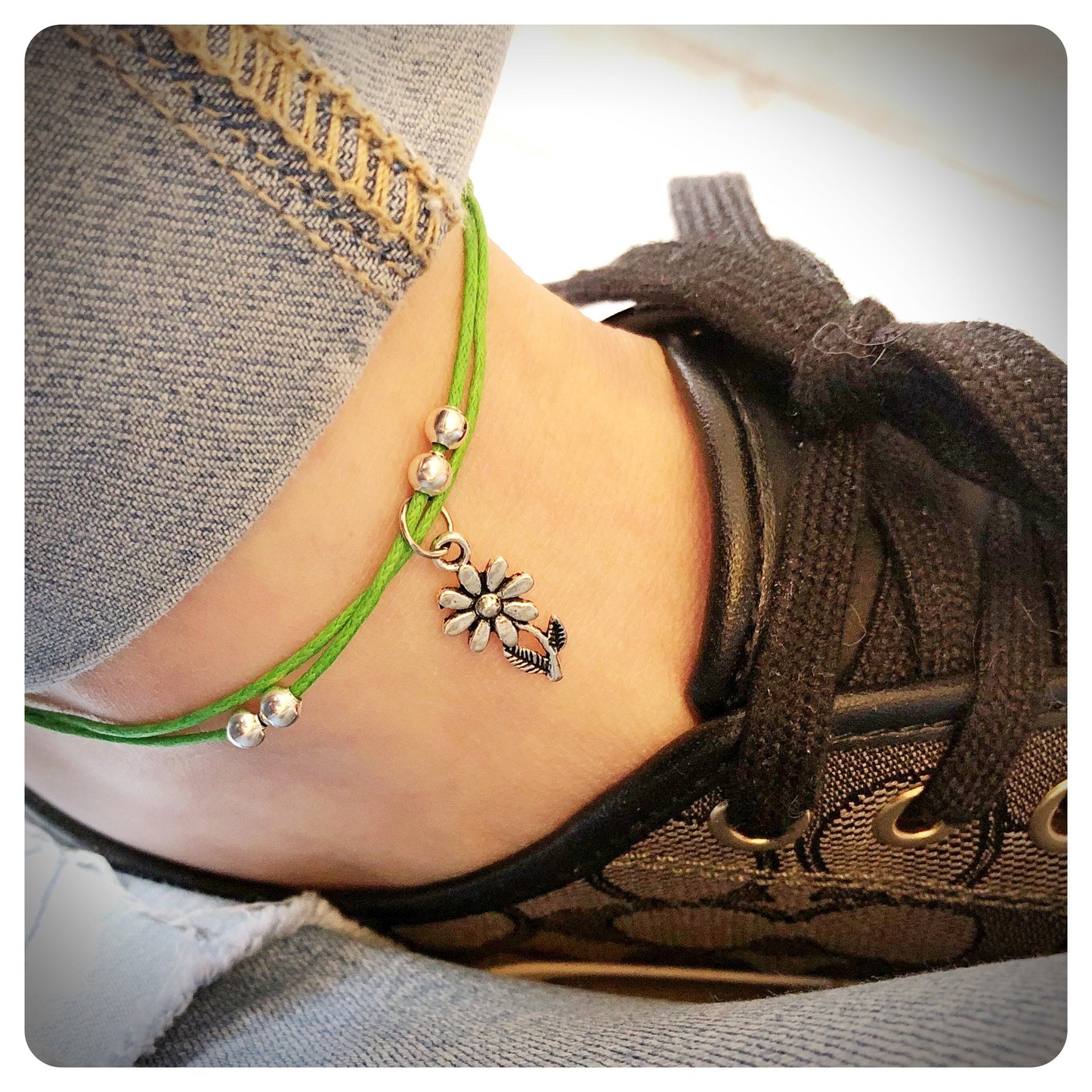 Beaded Flower Charm Anklet, Floral Ankle Bracelet, Festival Boho Anklet, Adjustable Cord Anklet