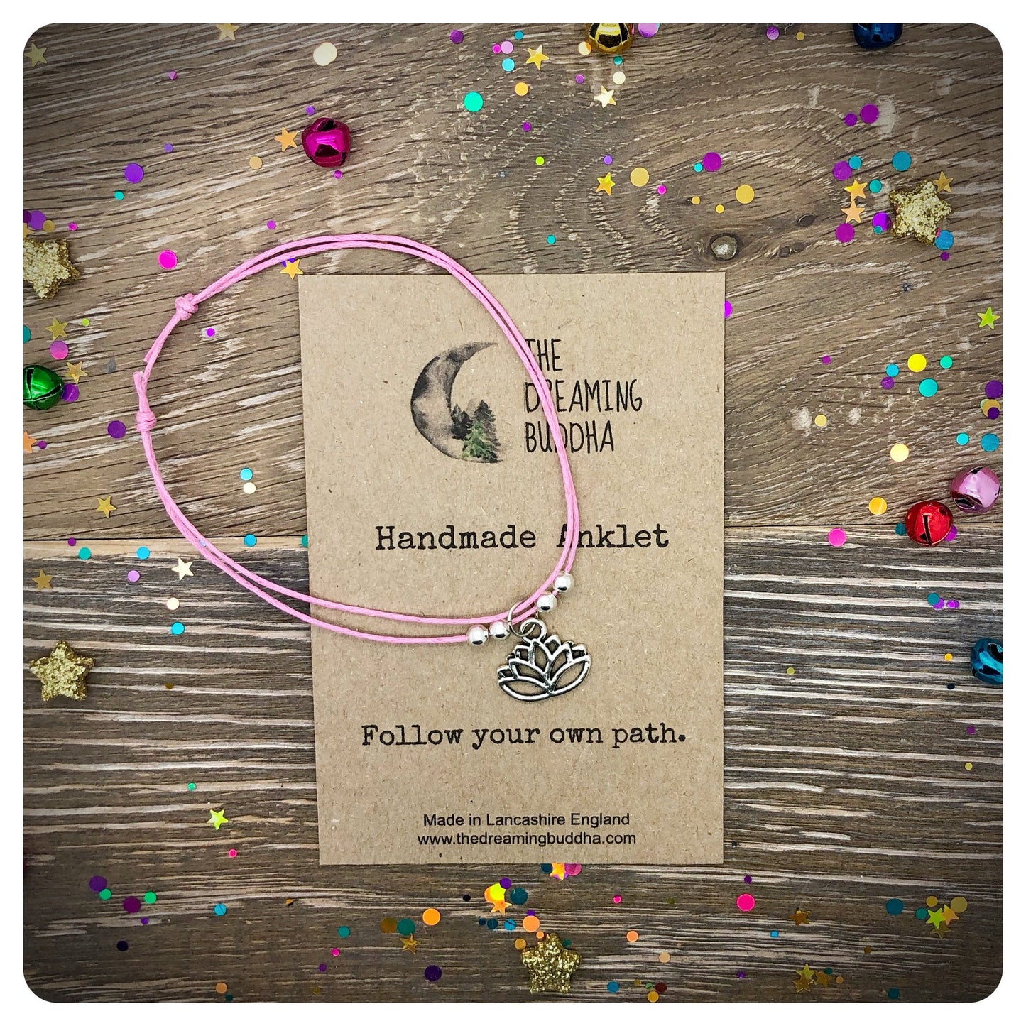 Beaded Lotus Charm Anklet, Silver Lotus Flower Anklet, Yoga Jewellery, Adjustable Cord Anklet, Summer Festival Wear, Yoga Accessory