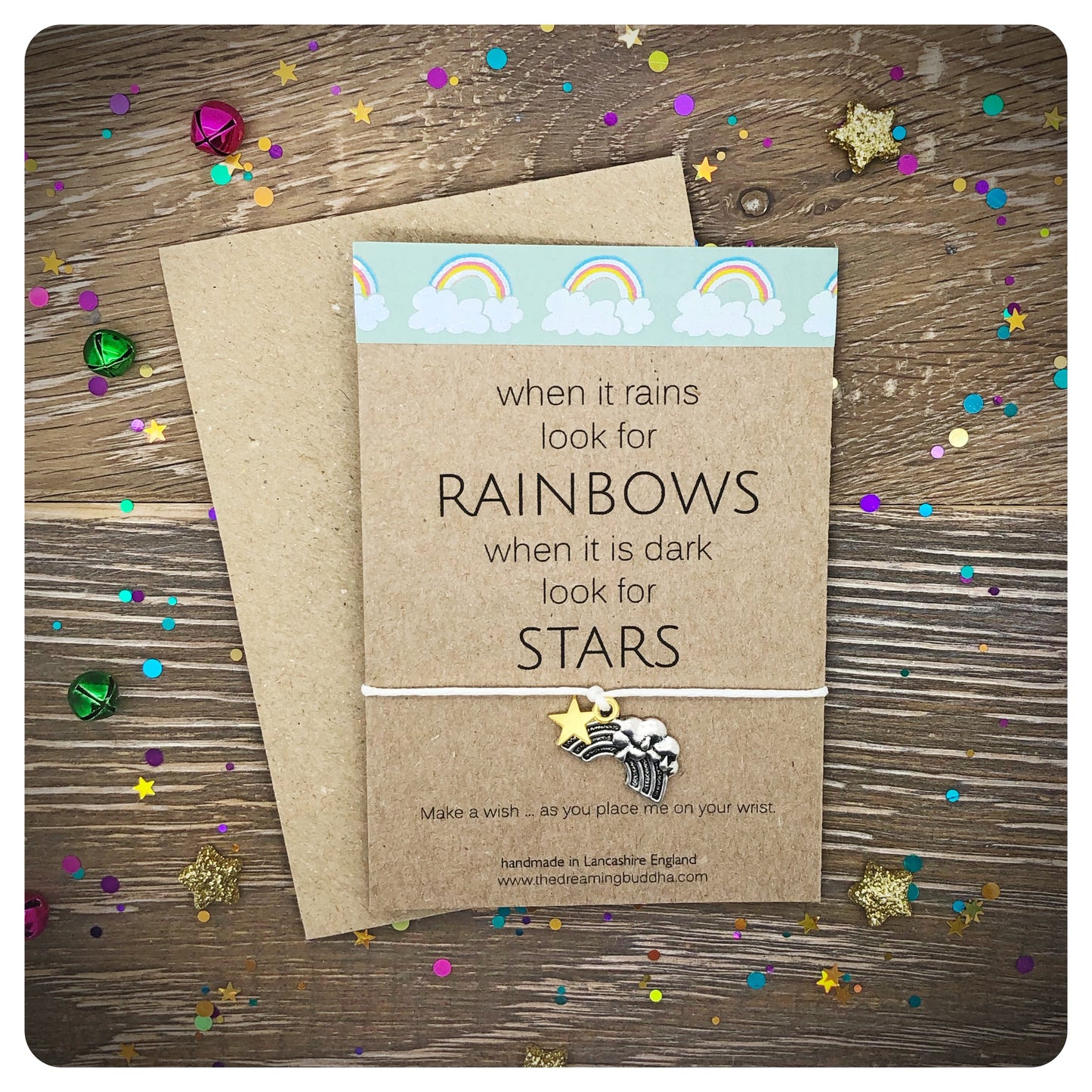When It Rains Look For Rainbows Quote Card, Inspirational Wish Bracelet, Cheer Up Card And Gift For Friend