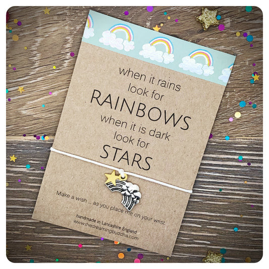 When It Rains Look For Rainbows Quote Card, Inspirational Wish Bracelet, Cheer Up Card And Gift For Friend