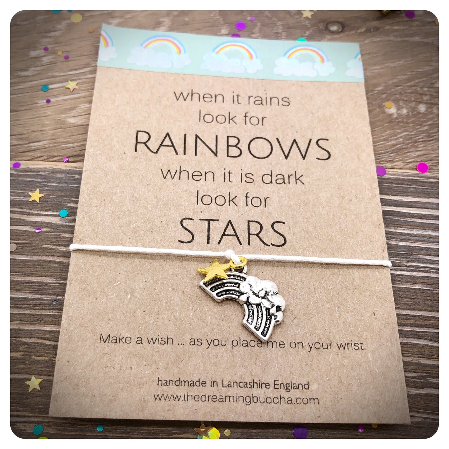 When It Rains Look For Rainbows Quote Card, Inspirational Wish Bracelet, Cheer Up Card And Gift For Friend