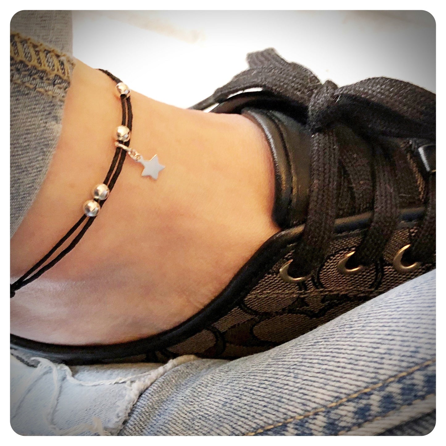 Sterling Silver Star Anklet, Star Ankle Bracelet, Silver Bead Anklet, Adjustable Cord Ankle Bracelet, Silver Beach Jewellery, Star Boho Gift