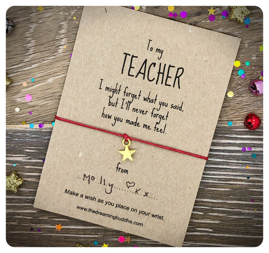 Teacher Wish Bracelet, Personalised Teacher Present, Teacher Appreciation Gift, Teacher Thank You Card