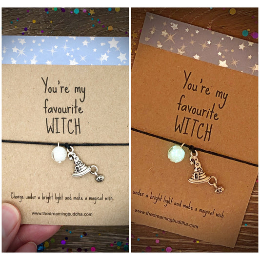 Glowing Witch Wish Bracelet, Girl Halloween Gift, Favourite Witch String Bracelet, Glow in the Dark Jewellery, Magical Halloween Jewelry