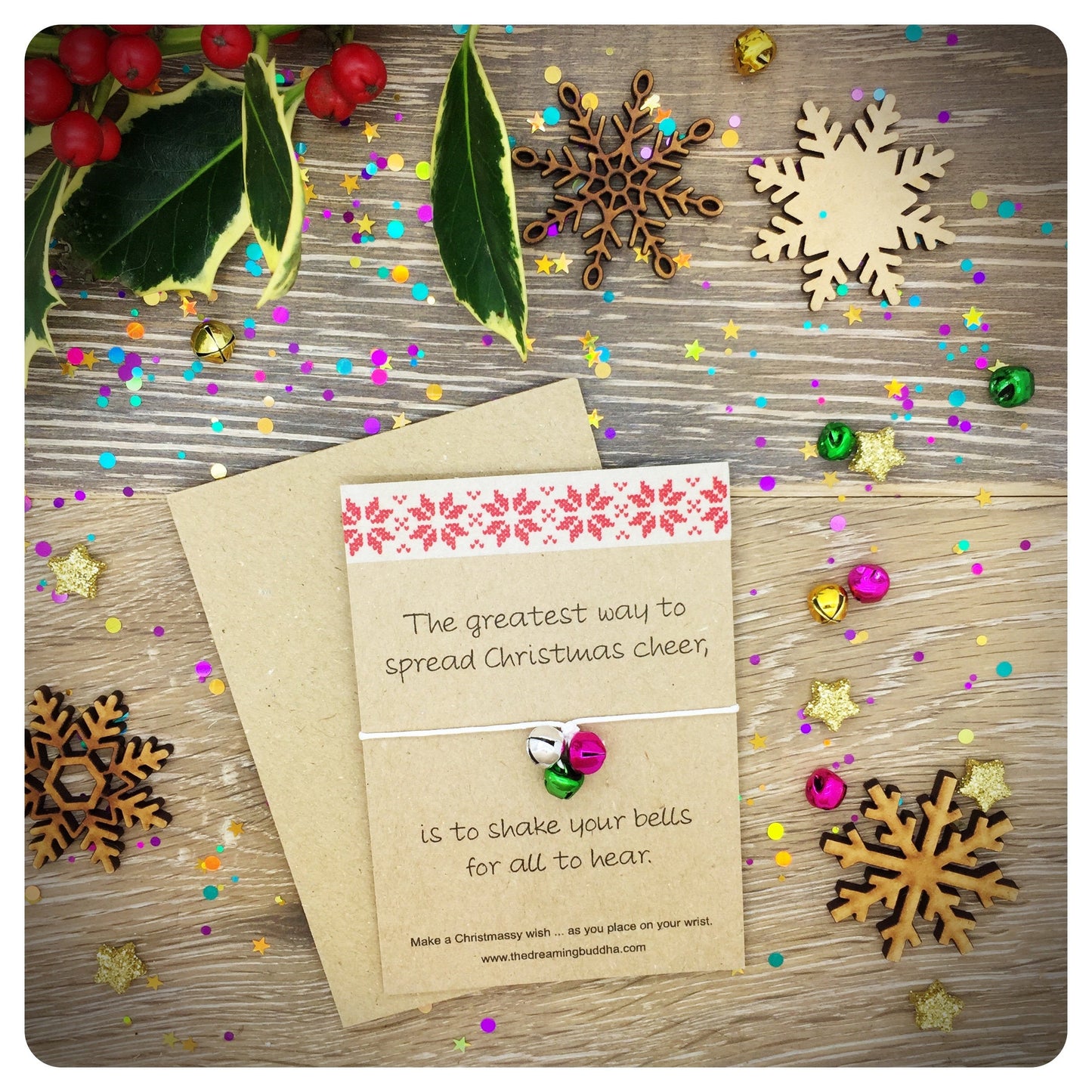 4 x Elf Christmas Cards, Wish Bracelets, Jingle Bells Gift, Childrens Stocking Filler, Jingle Bells Wishlet, Secret Santa