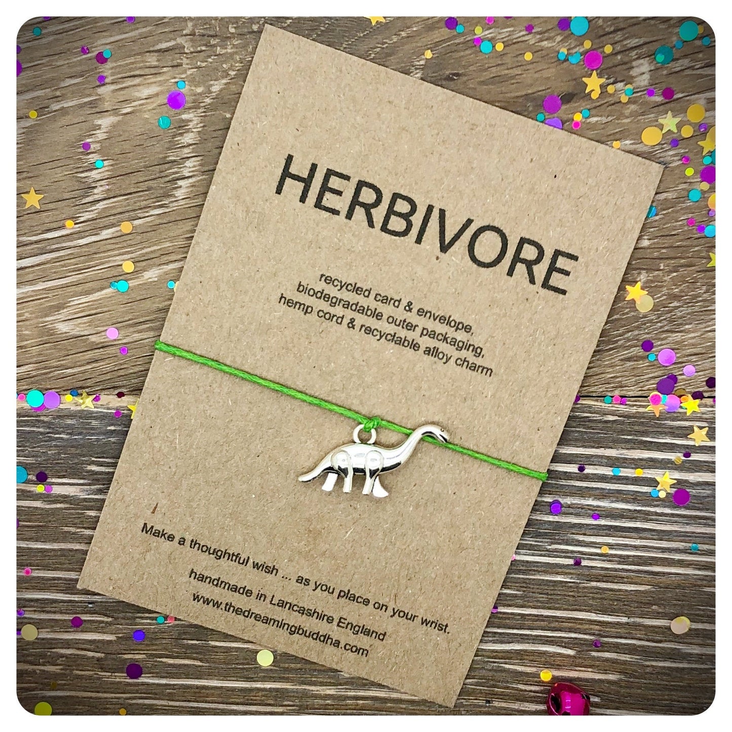 Herbivore Wish Bracelet, Dinosaur Vegetarian Gift, Vegan Friendship Bracelet, Eco Friendly Card, Fun Vegan Birthday Gift