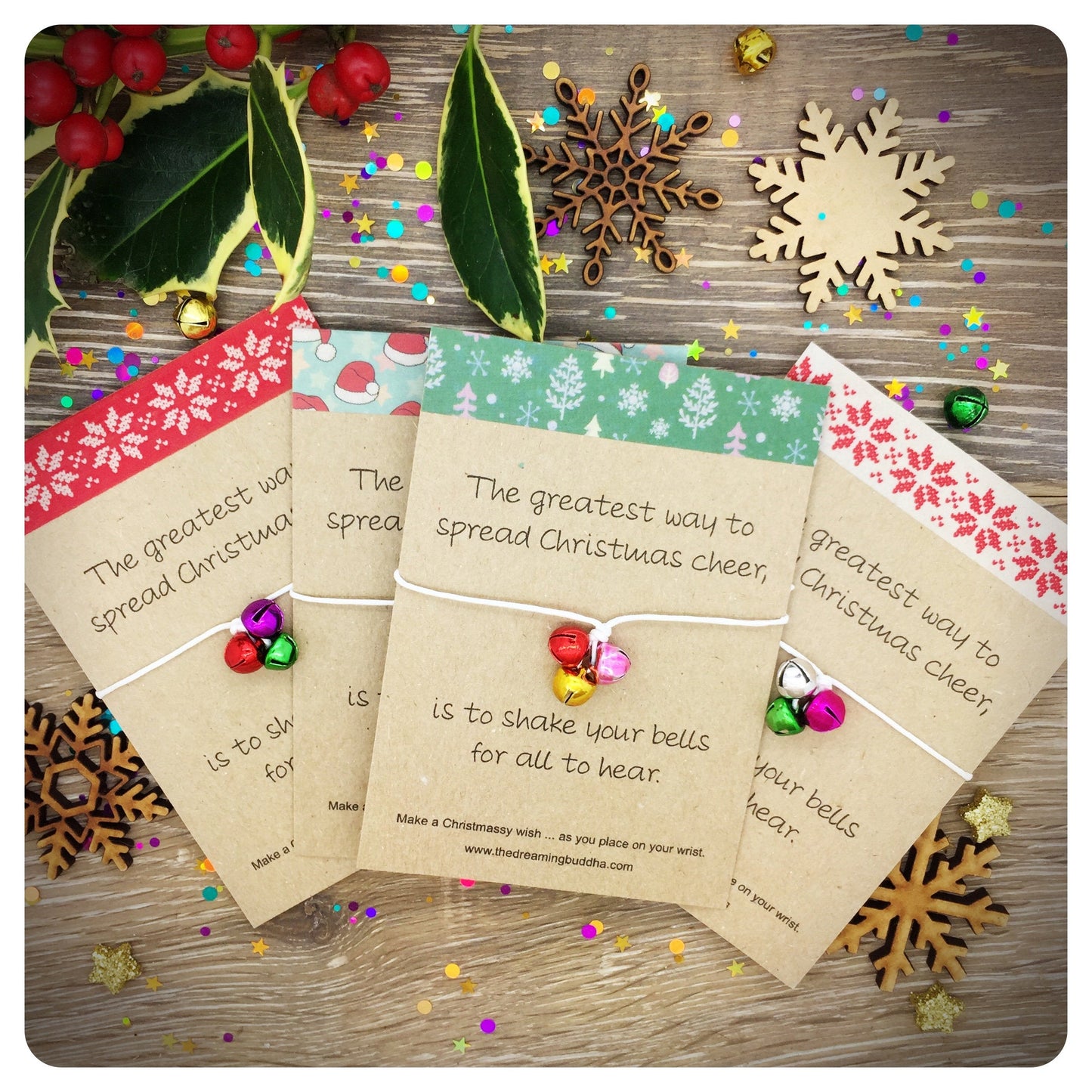 4 x Elf Christmas Cards, Wish Bracelets, Jingle Bells Gift, Childrens Stocking Filler, Jingle Bells Wishlet, Secret Santa