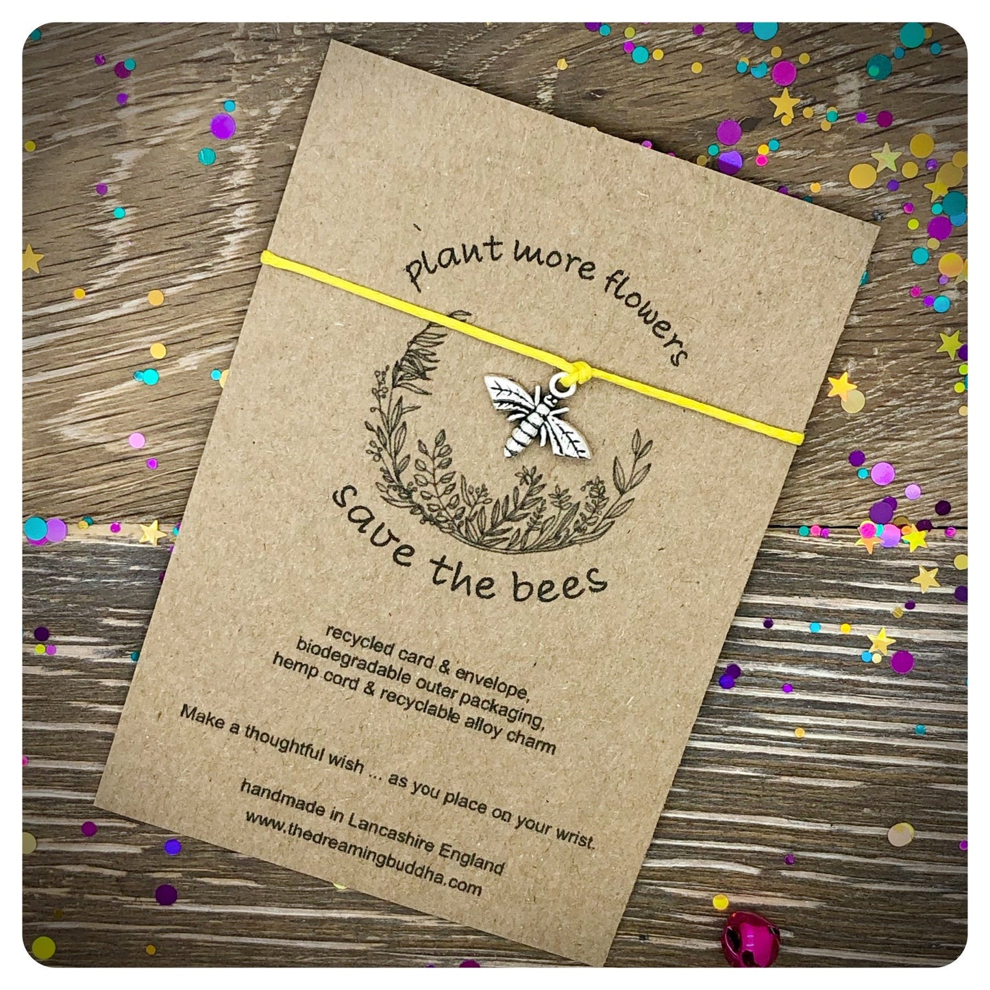 Save The Bees Wish Bracelet, Environmental Card, Vegan Birthday Gift, Nature Lover Present, Eco Friendly Christmas Gift