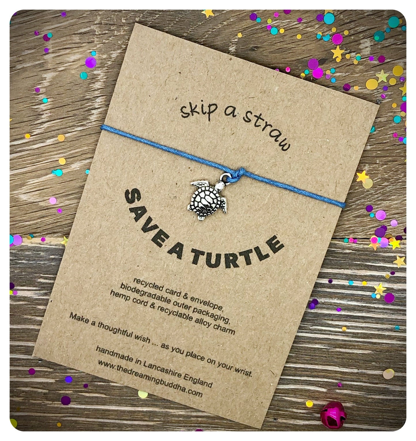 Skip A Straw Save A Turtle Recycled Card With Wish Bracelet, Endangered Animals Awareness Gift, Turtle Lover Present, Save Sea Turtles
