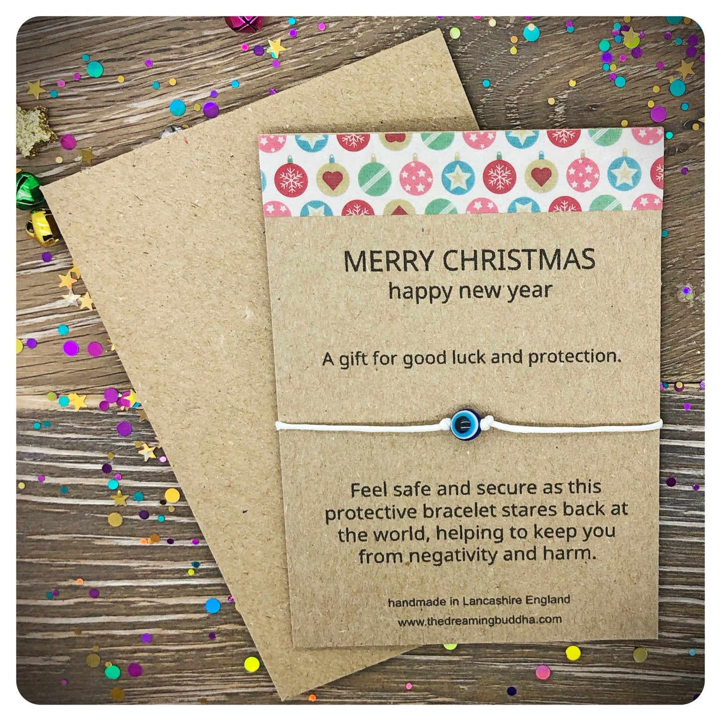 Evil Eye Merry Christmas Card, Happy New Year Card Gift, Seasons Greetings Good Luck Charm, Protective Bracelet