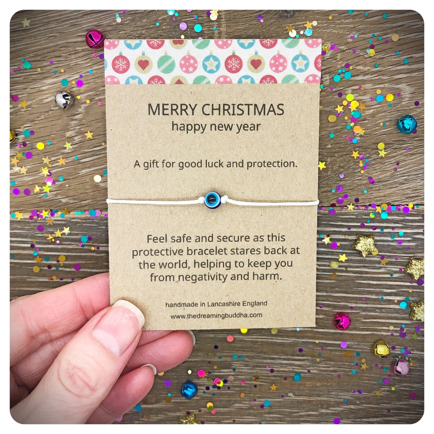 Evil Eye Merry Christmas Card, Happy New Year Card Gift, Seasons Greetings Good Luck Charm, Protective Bracelet