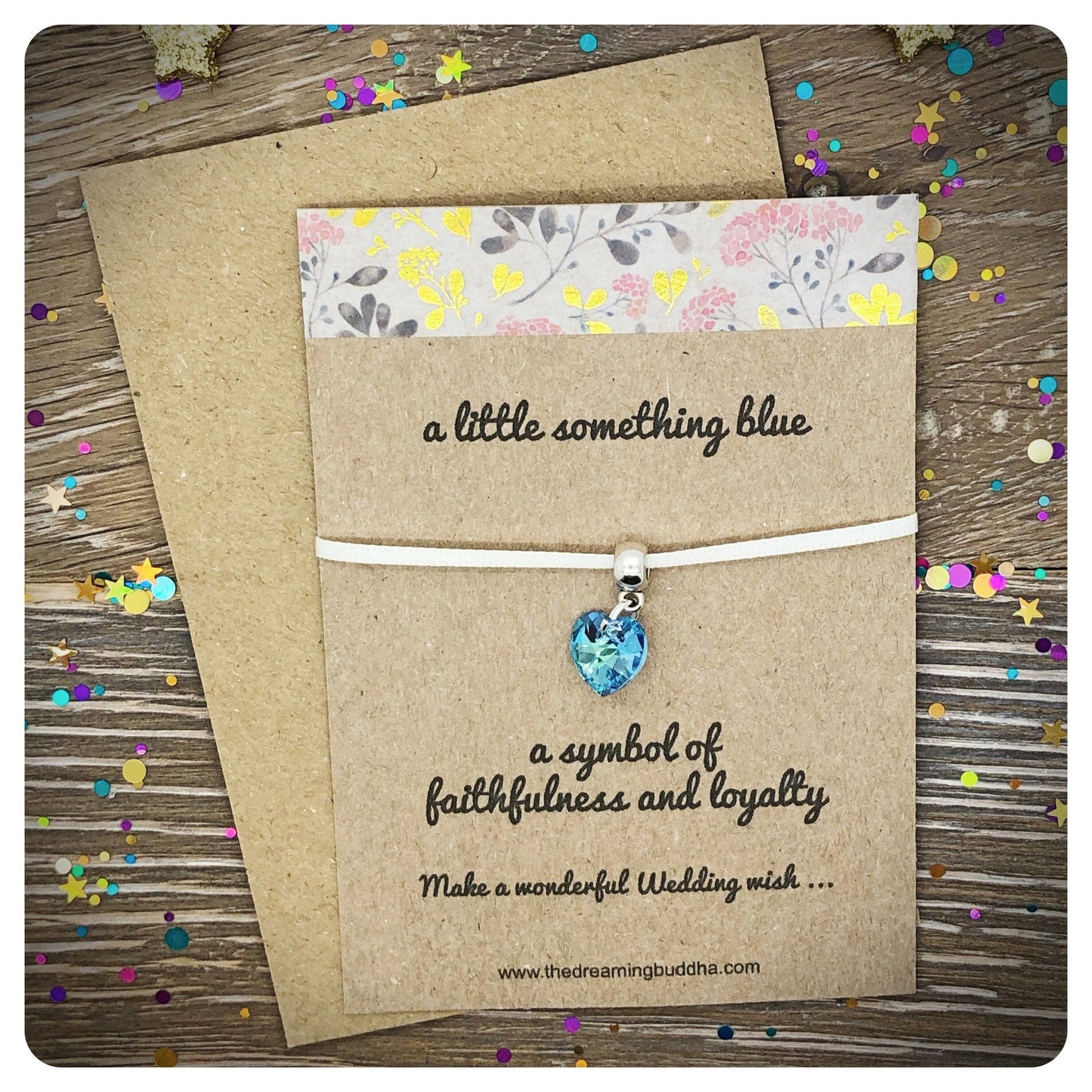 Blue Crystal Heart Ribbon Charm, Something Blue Wedding Accessory, Bouquet Charm, Tie On Charm For Wrist, Dress Or Garter