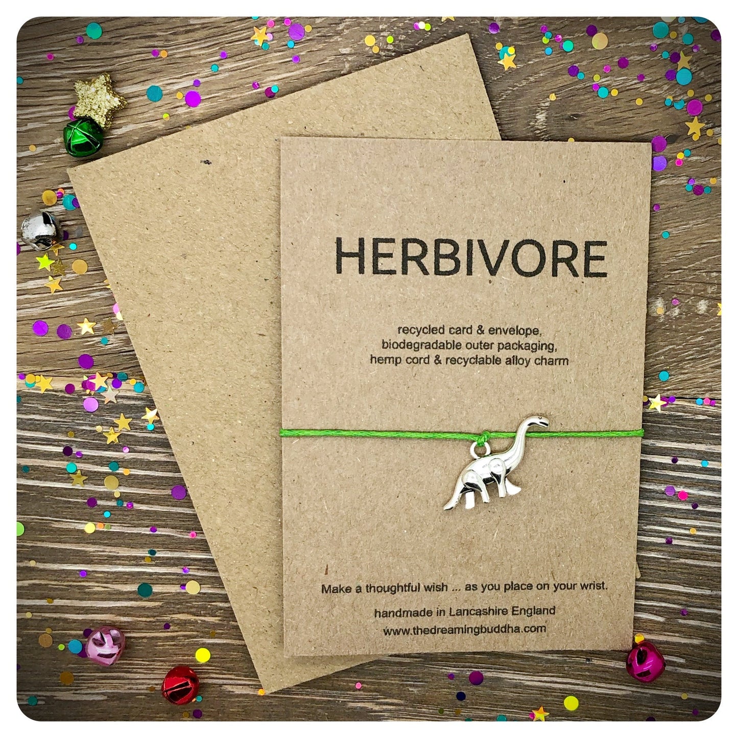 Herbivore Wish Bracelet, Dinosaur Vegetarian Gift, Vegan Friendship Bracelet, Eco Friendly Card, Fun Vegan Birthday Gift