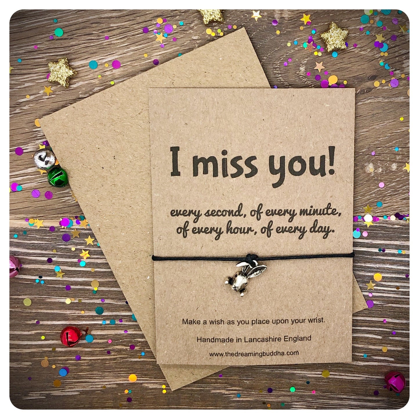 I Miss You Every Second Card, Bunny Hug Wish Bracelet, Long Distance Love Gift, Letterbox Gift