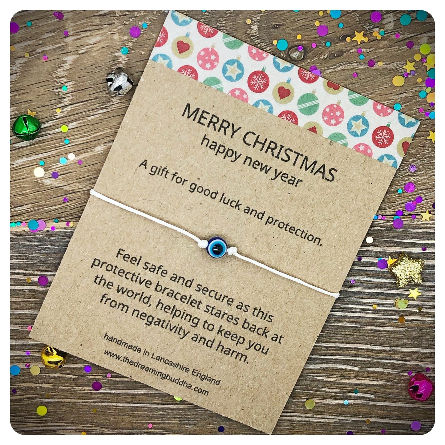 Evil Eye Merry Christmas Card, Happy New Year Card Gift, Seasons Greetings Good Luck Charm, Protective Bracelet