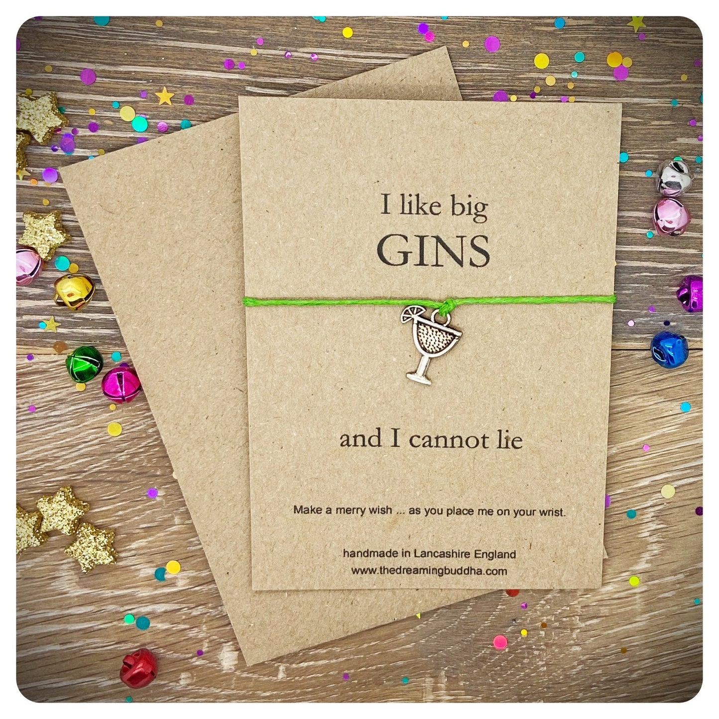 I like Big Gins Card, Gin Glass Wish Bracelet, Christmas Wish String Bracelet, Gin Lover Birthday Present