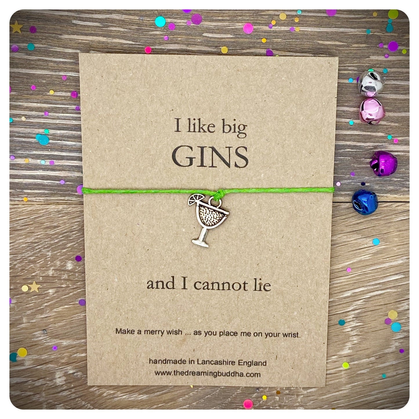 I like Big Gins Card, Gin Glass Wish Bracelet, Christmas Wish String Bracelet, Gin Lover Birthday Present