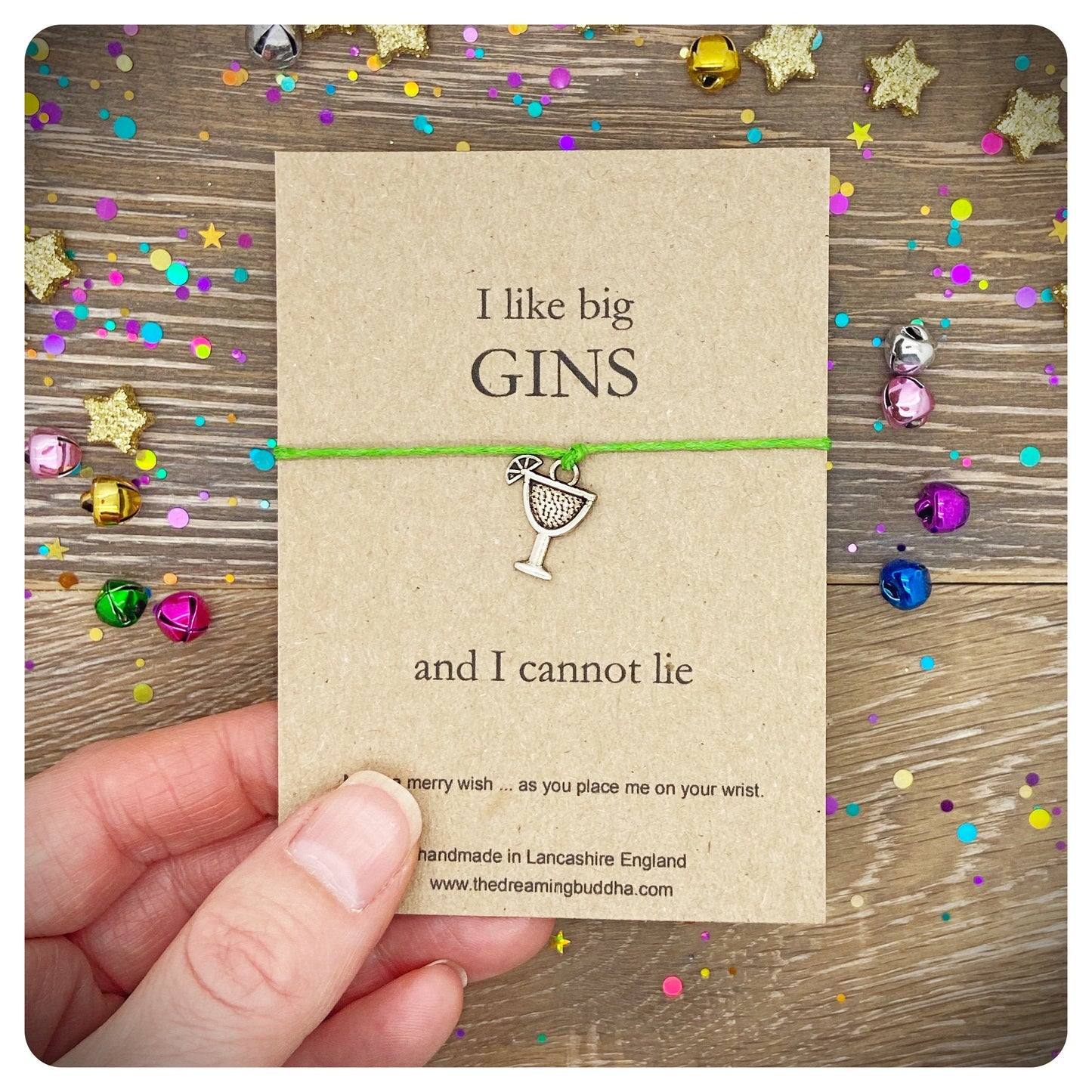 I like Big Gins Card, Gin Glass Wish Bracelet, Christmas Wish String Bracelet, Gin Lover Birthday Present