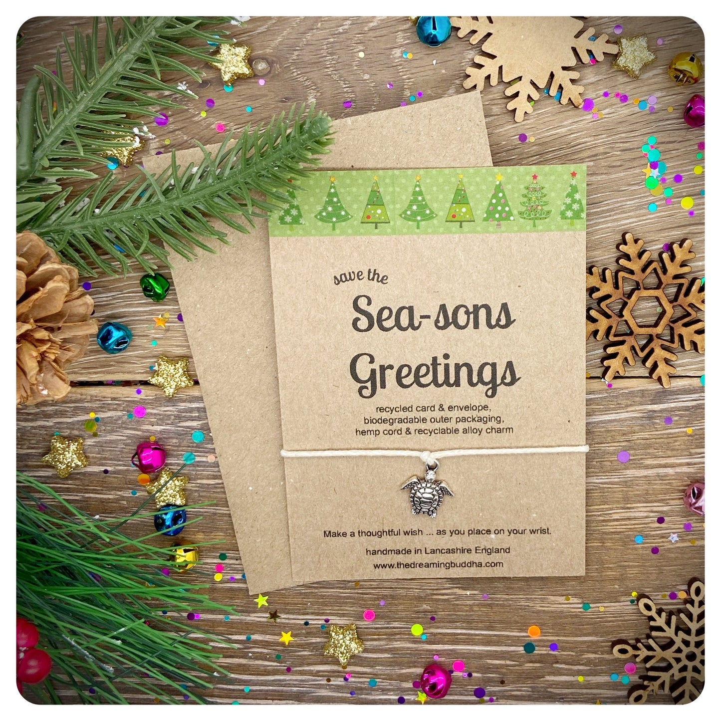 Save The Seas Christmas Card, Christmas Eco Wish Bracelet, Xmas Postal, Eco Gift, Save The Sea- Sons Greetings Card