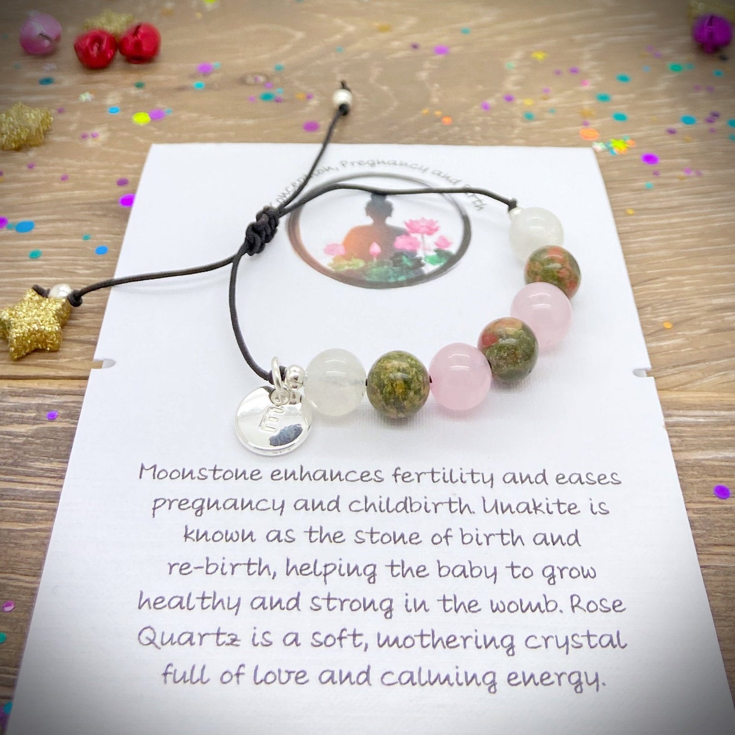 Conception & Healthy Pregnancy Crystal Bracelet, Adjustable Unakite Rose Quartz Moonstone