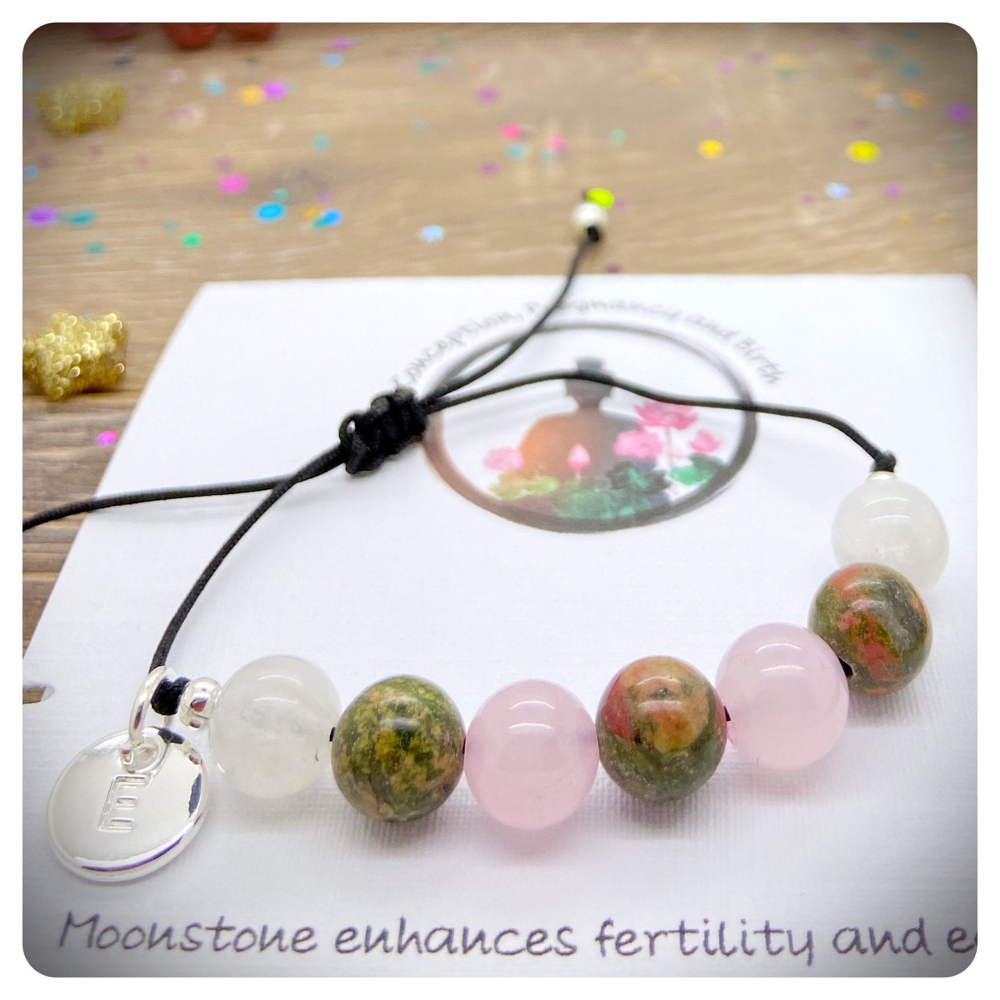 Conception & Healthy Pregnancy Crystal Bracelet, Adjustable Unakite Rose Quartz Moonstone