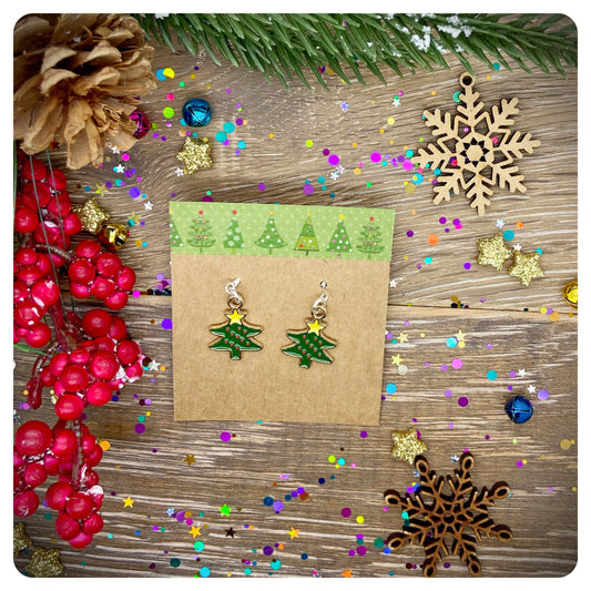 Xmas Tree Drop Earrings, Christmas Tree Christmas Jewellery, Tree Hook Earrings, Green Christmas Tree Enamel Earrings, Secret Santa Gift
