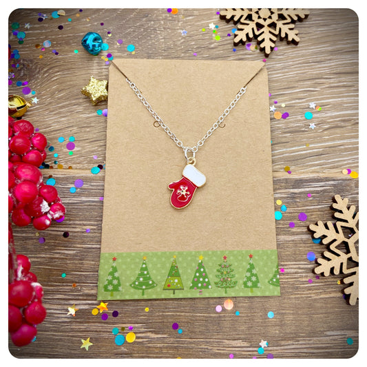 Christmas Mittens Pendant Necklace, Personalised Christmas Jewellery, Enamel Glove Pendant, Xmas Stocking Filler