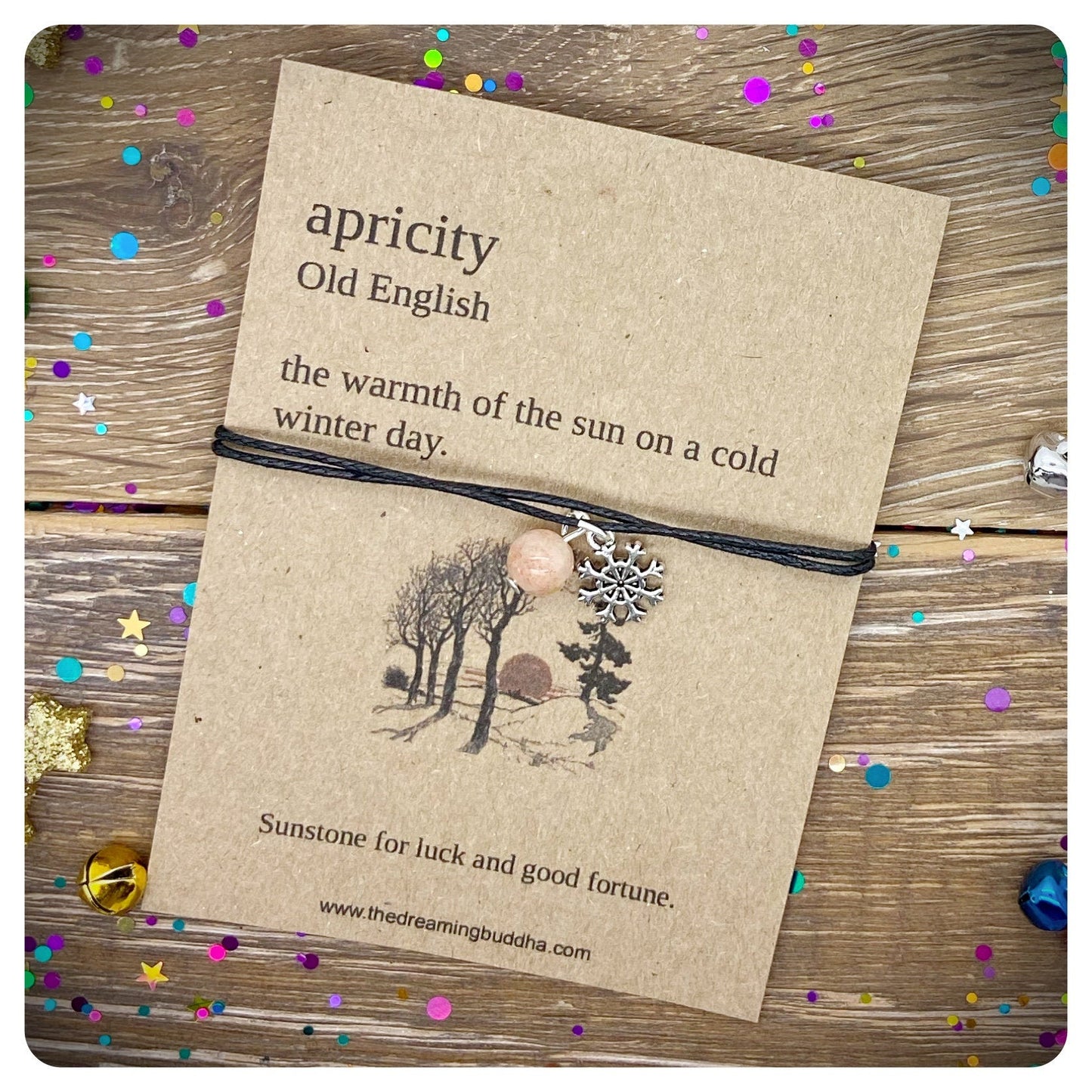 Good Luck Bracelet, Snowflake Bracelet, Sunstone Crystal Gift, Good Fortune Stocking Filler, December Birthday Card